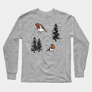 Robin and Snow Covered Trees Pattern Digital Illustration Long Sleeve T-Shirt